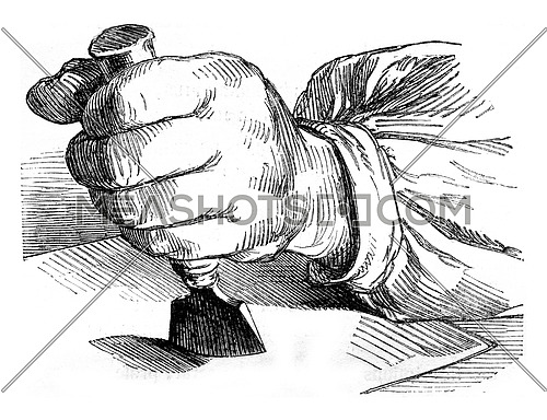 Cradle in action, vintage engraved illustration. Magasin Pittoresque 1852.