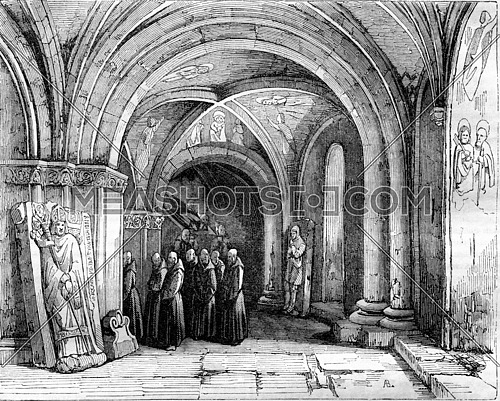 1843 Exhibition of Painting, Monks carrying a coffin in the crypt of the cathedral of Bale, vintage engraved illustration. Magasin Pittoresque 1843.