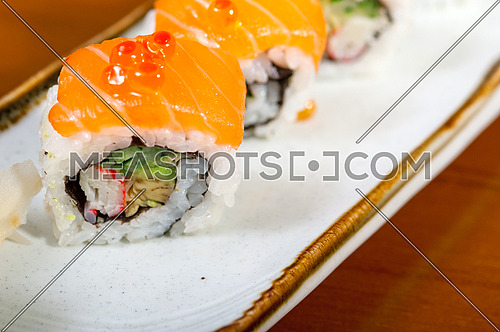 macro closeup of fresh sushi choice combination assortment selection 