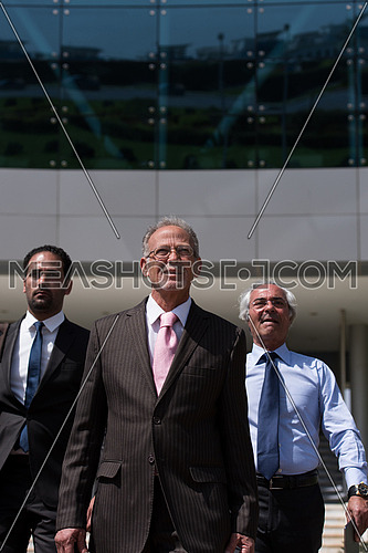 Group of business executives walking in front of a corporate building