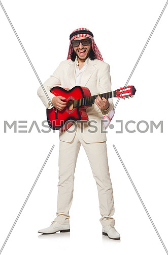 Arab man with guitar on white