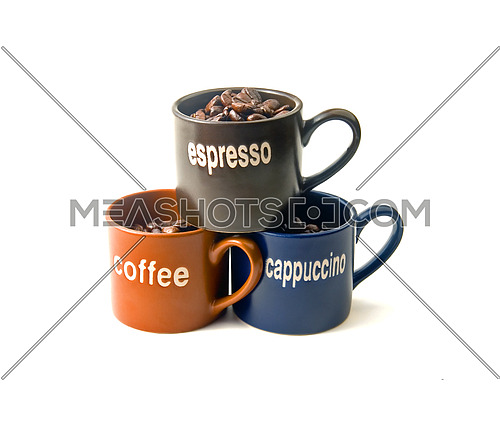 coffee espresso cappuccino cups with coffee beans isolated on white background