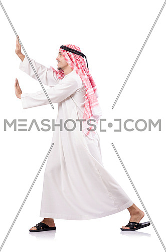 Arab businessman pushing isolated on the white