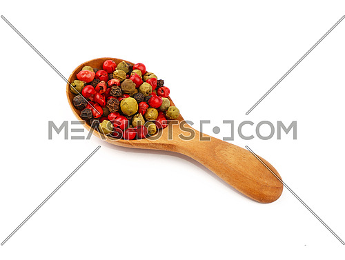 Close up one wooden scoop spoon full of mixed black, green, white and pink red pepper peppercorns isolated on white background, high angle view