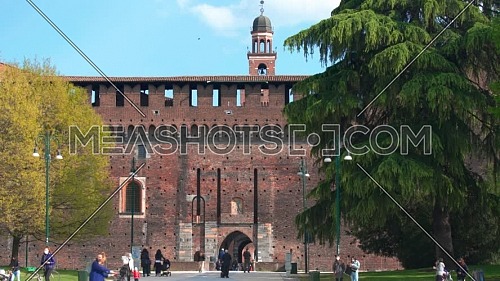 Milan,Italy-april 13,2021:Wonderful panoramic of old medieval Sforza castle,sunny day and clouds, Milan,Italy.