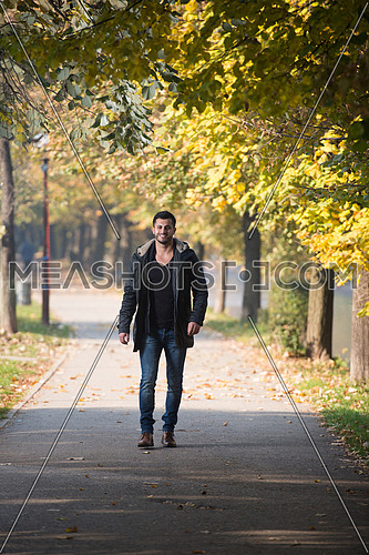 Young Man Walking In Forest Through The Woods Outside During Autumn