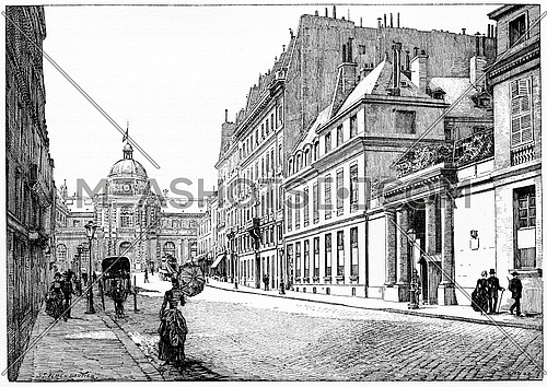 Rue de Tournon and facade of the Palace of the Senate, Barracks of the Republican Guard, vintage engraved illustration. Paris - Auguste VITU â 1890.