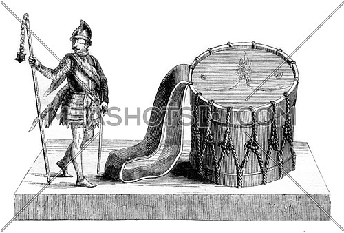 Club or Scourge Ziska, Drum made with skin Ziska, vintage engraved illustration. Magasin Pittoresque 1843.