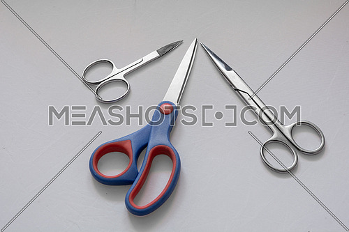 Various scissors on white background