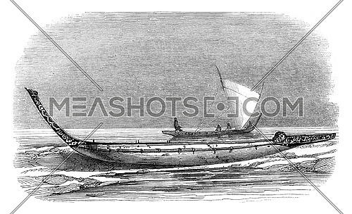 Pirogue of New Zealand, vintage engraved illustration. Magasin Pittoresque 1847.