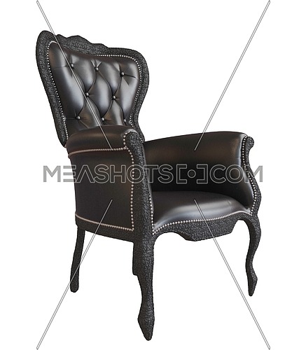 3D photorealistic image of a black leather office armchair, isolated against a white background