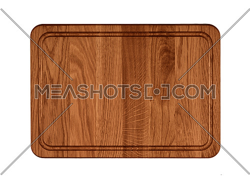 Close up of one rectangle shaped dark brown oak wood kitchen cutting board with dark burn stains and knife cut traces isolated on white background