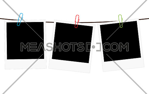 Vector illustration of three empty blank photo polaroid frame slides hanging on a rope with colorful paperclips over white background