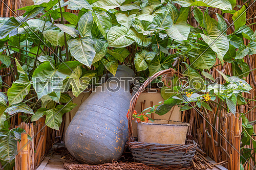 Blue pottery container and wicker basket framed by wooden cage, green leaves and assembled reeds