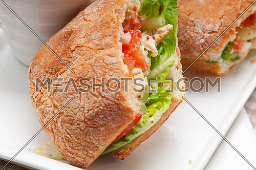 italian ciabatta panini sandwich with chicken and tomato