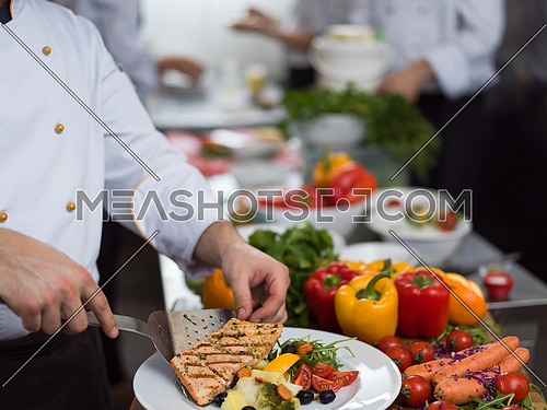 cook chef decorating garnishing prepared meal dish on the plate in restaurant commercial kitchen