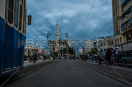 Long shot for Al Qaaed Ibrahim Basha Mousque showing traffic and trams