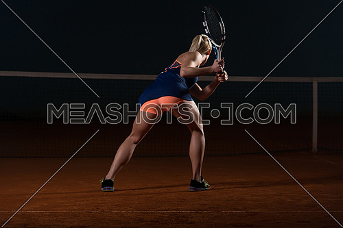 Young Female Tennis Player With Racket Ready To Hit A Tennis Ball - Back View