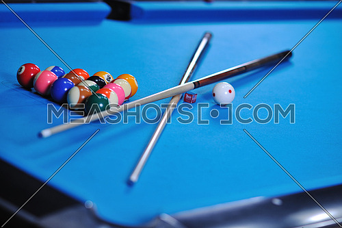 billiard sport game balls on blue table on billiard club ready to play