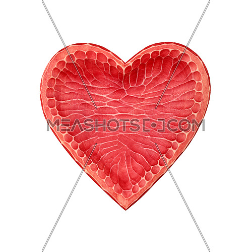 Close up one vivid red painted natural wooden carved heart shaped empty bowl isolated on white background