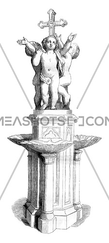 The Invocation was the cross, This baptistry, executed in white marble, 1844 Sculpture Show, vintage engraved illustration. Magasin Pittoresque 1844.