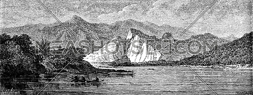 View of the river before reaching the Nam Hou, vintage engraved illustration. Le Tour du Monde, Travel Journal, (1872).