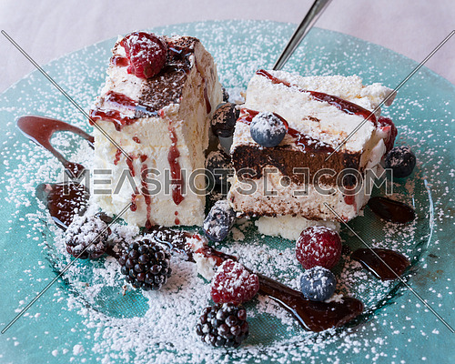 Sweet meringue cake(Pavlova) with fresh winter berry fruits on glass plate.