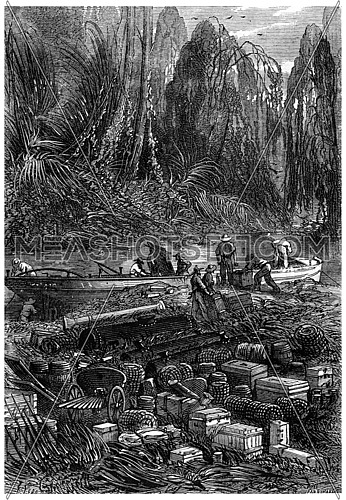 All these objects were placed on the bank, vintage engraved illustration. Jules Verne 3 Russian and 3 English, 1872.
