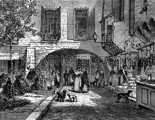 On the market square, in Beaucaire, vintage engraved illustration. Magasin Pittoresque 1877.