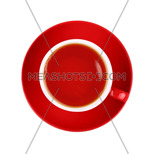 Full cup of black tea on red porcelain saucer isolated on white background, close up, elevated top view, directly above