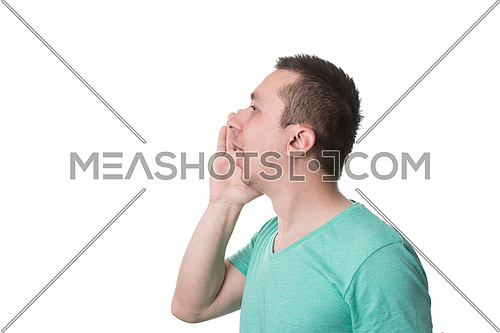 Closeup Portrait Of A Young Man Screaming Out Loud Isolated On White Background