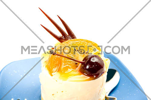 piece of fresh fruit cake on white background