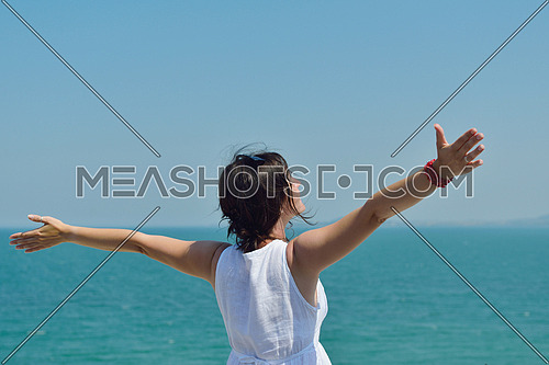 Happy  young woman with spreading arms, blue sky with clouds in background  - copyspace