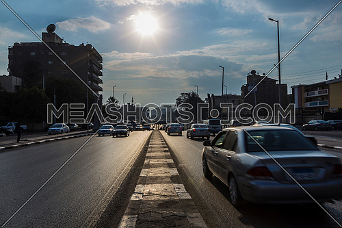 Long Shot for traffic at Salah Salim Street showing Al Orouba Tunnel in background at Daytime