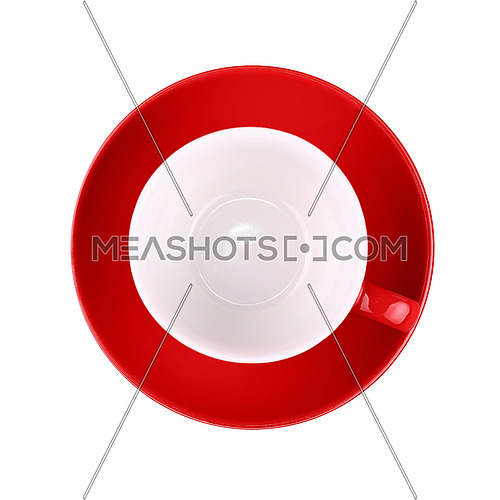 One red empty coffee or tea cup with saucer isolated on white background, elevated top view, directly above