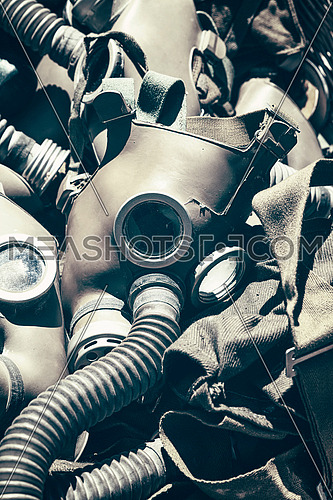 Close up background of old vintage protective gas respirator masks on retail display