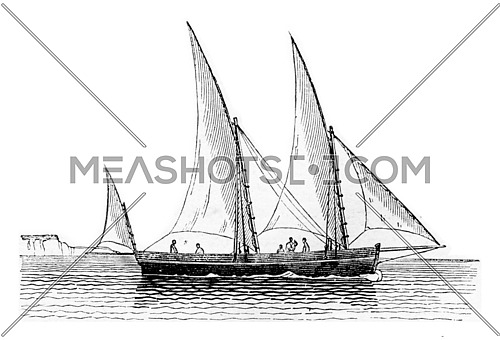 Houari current drops, seen abeam, vintage engraved illustration. Magasin Pittoresque 1842.