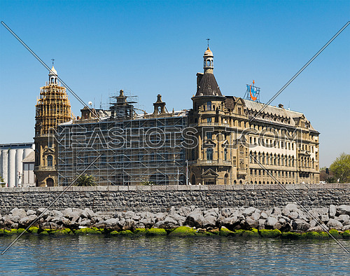 Istanbul, Turkey - April 26, 2017: Renovation works at Haydarpasha Railway Terminal, situated in the Bosphorus, Kadikoy, Istanbul, Turkey, built in 1909 and closed in 2013 due to the rehabilitation of the Marmaray line