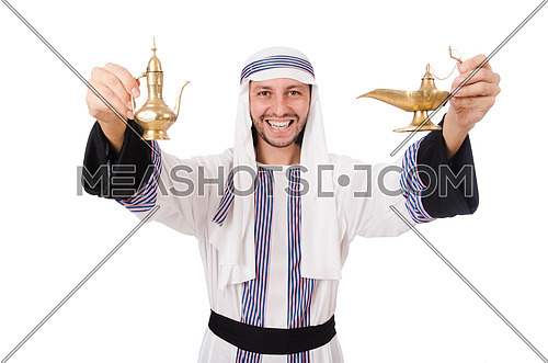 Arab man with lamp isolated on white