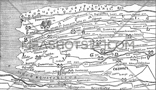 Fragment of the Peutinger Map, vintage engraved illustration.