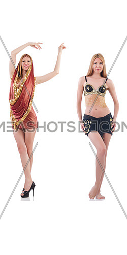 Set of photos with belly dancer on white
