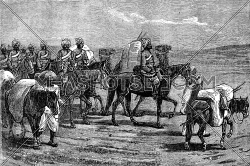Afghanistan. Riders of the Indian contingent, vintage engraved illustration. Journal des Voyages, Travel Journal, (1879-80).
