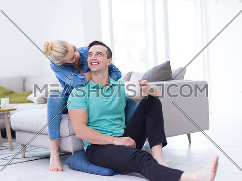 Portrait of a happy young beautiful couple hugging and drinking coffee in their new home