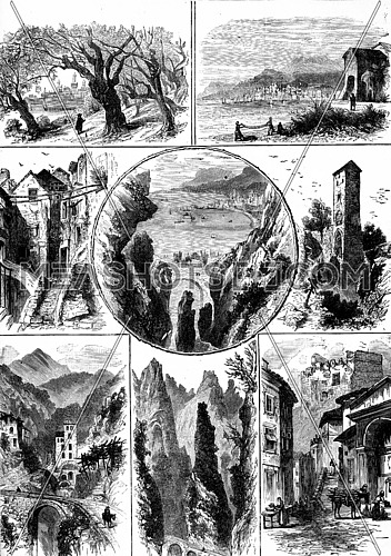 Cities winter. Menton and its surroundings, vintage engraved illustration. Journal des Voyage, Travel Journal, (1880-81).