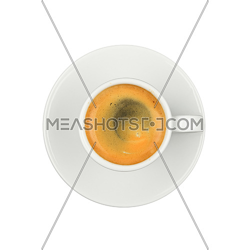 Close up one white cup full  of espresso coffee, on saucer, isolated on white background, elevated top view, directly above