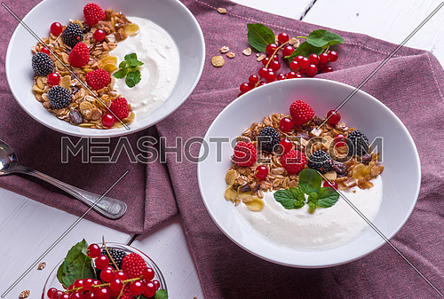 breakfast, berries and yoghurt.