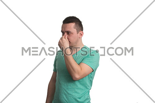 Young Man Suffering From Sinus Pressure Pain - Isolated On White Background