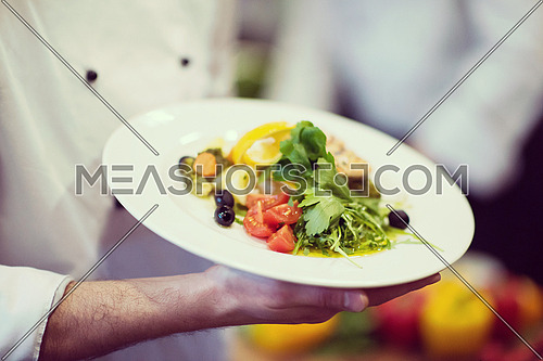 Chef hands holding fried Salmon fish fillet with vegetables for dinner in a restaurant kitchen