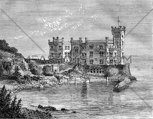 The Castle of Miramar, in the Gulf of Trieste, vintage engraved illustration. Magasin Pittoresque 1877.
