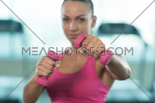 Muscular Boxer Woman MMA Fighter Practice Her Skills With Dumbbells In A Gym - Athletic Bodybuilder Fitness Model
